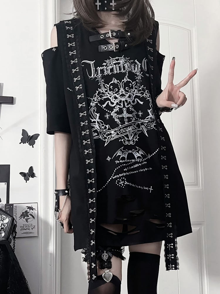 with Sleeve White Lace Straps Shoudler Drop Gothic Cross Short Black Trimmed Print T-shirt