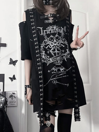 with Sleeve White Lace Straps Shoudler Drop Gothic Cross Short Black Trimmed Print T-shirt