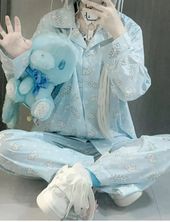 Set | Top Print Blue Pants Fishbone Loungewear Kitten