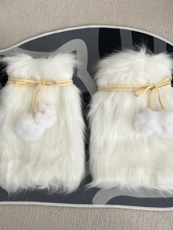 Faux Fur Pompom Ribbon Bow Leg Warmers 3-Color - Two Bear Pink