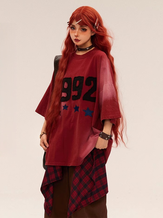 Star Embroidery Vintage Faded Wash Number Beige/Red and T-shirt