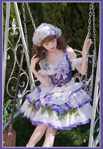 Outfit Bavaria - Weiß-Lila Oktoberfest-Korsett-Set, Traubenstickerei, Schürzenrock + Stufen-Lolita-Oberteil