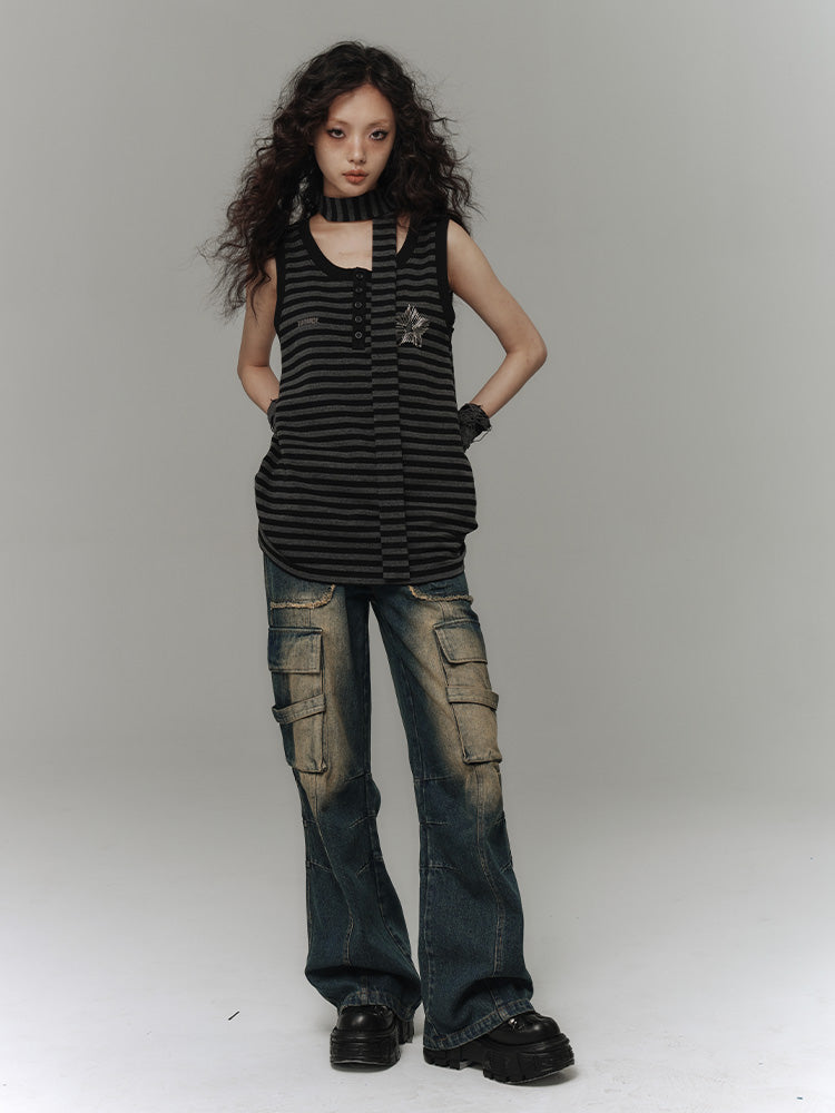 Scarf Black  Gray Striped Punk