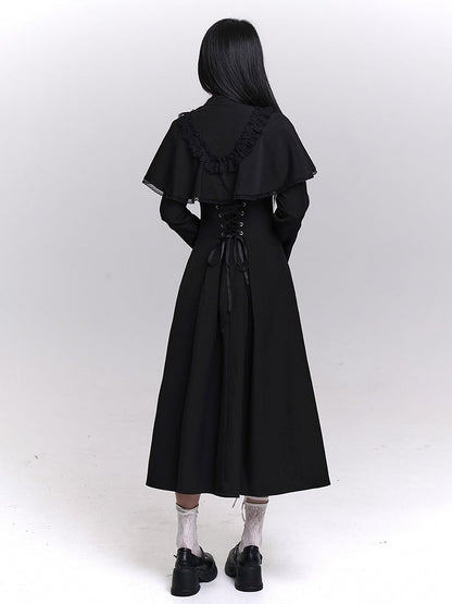 Black Trad Goth Tea Length Dress with Built-In Lace Trimmed Cape