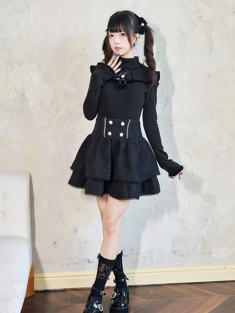 Jirai Kei – Schwarzes Oberteil mit Plüschbesatz, Cut-Out-Detail, Schleife und Strassverzierung