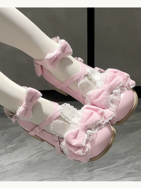 Bunny Ear Low/Mid Janes Pink – Punktakzente mit süßen Lolita-Schleifen, Mary Heels, runde Zehenpartie, Polka