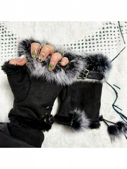 Plush Half-Finger Gloves with Metal Buckle - Post-2000 Gift Shop