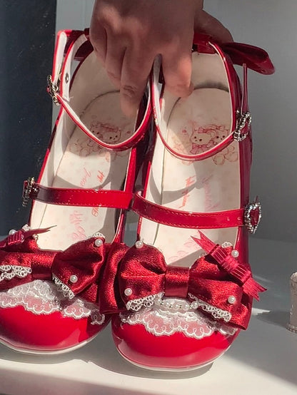 Red in Mid Top Heels Theme Dessert Bow Lolita Trim Lace Beads PU with Heel Sweet Decor