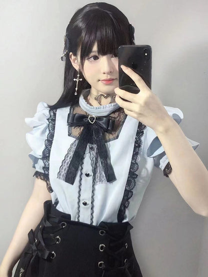 Jirai Kei Illusion Neckline Light Trim Flounce with Blouse Lace Flutter Sleeves  Black Blue