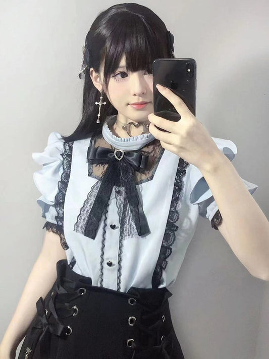 Jirai Kei Illusion Neckline Light Trim Flounce with Blouse Lace Flutter Sleeves  Black Blue