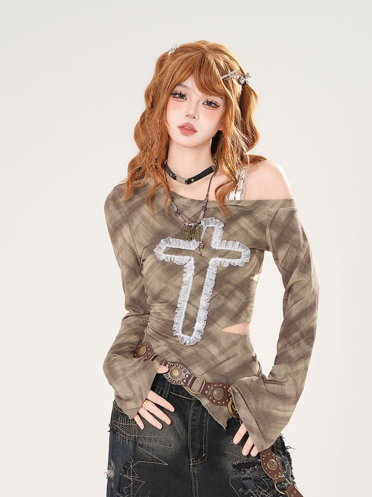 Details Gray/Green Lace One-Shoulder Cross Top Cutout with Applique and Plaid