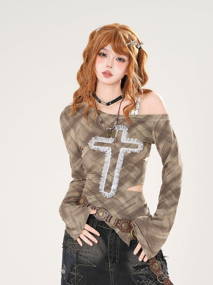 Details Gray/Green Lace One-Shoulder Cross Top Cutout with Applique and Plaid