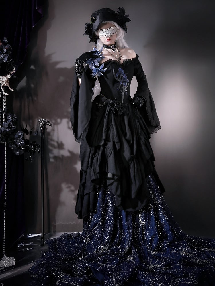 Lolita Black Skirt Dress Drawstring Iris with Gothic Elegant Embroidery