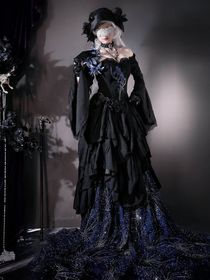 Lolita Black Skirt Dress Drawstring Iris with Gothic Elegant Embroidery