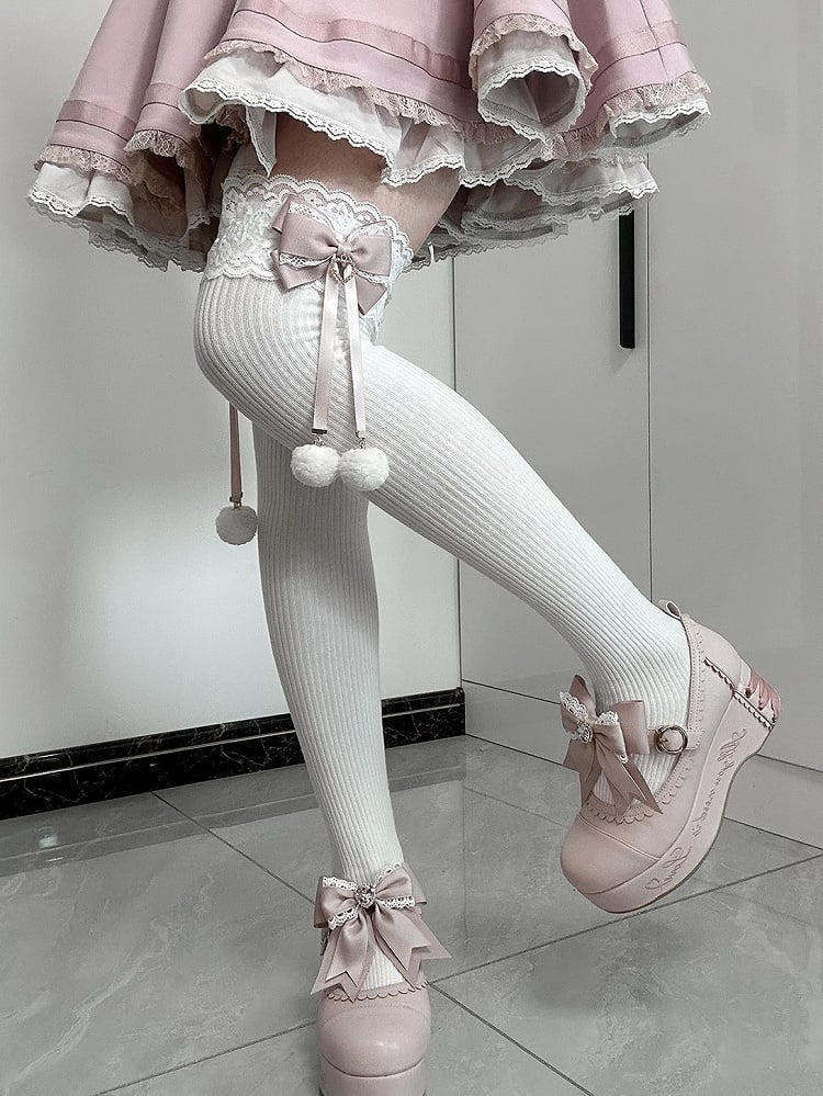 ジライケイ ポンポンディテール レースカフス 蝶結び オーバーニーストッキング