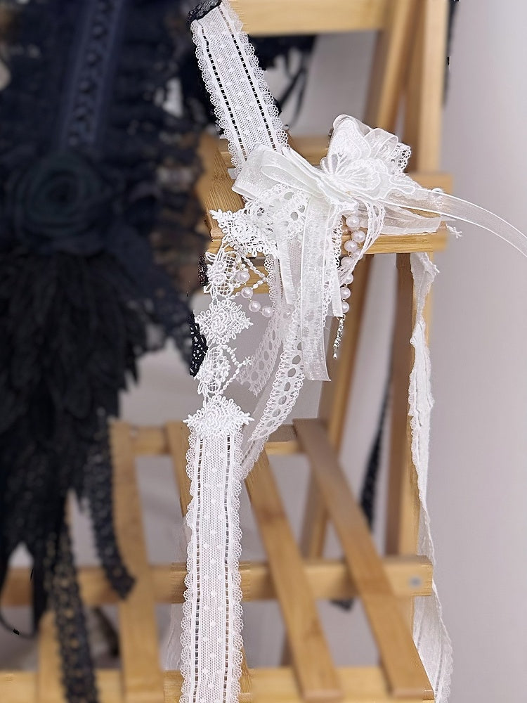 Bow Lace Beads Choker Pendant White Butterfly Cross