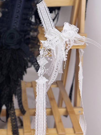 Bow Lace Beads Choker Pendant White Butterfly Cross