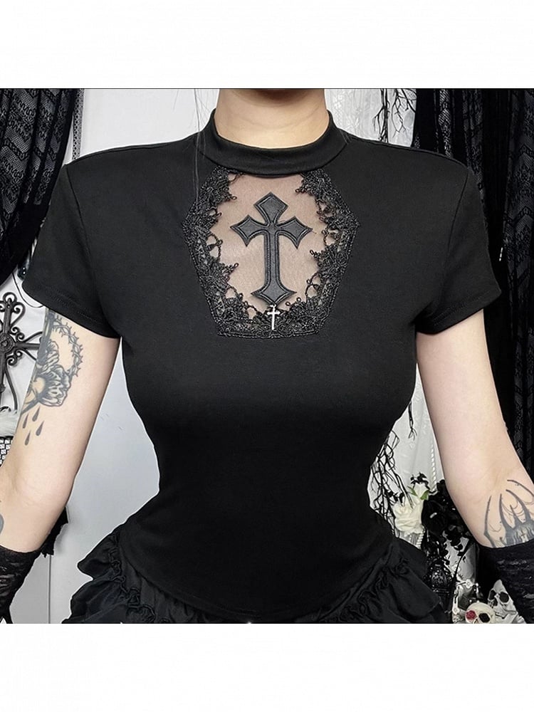 Cross Sleeve Black Cutout Halloween Charm with Top Short Tulle Applique Gothic Hexagon