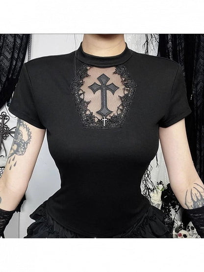 Cross Sleeve Black Cutout Halloween Charm with Top Short Tulle Applique Gothic Hexagon