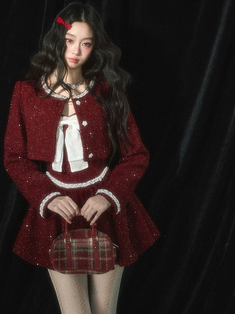 Christmas Red Bead Details Tweed Cropped Jacket