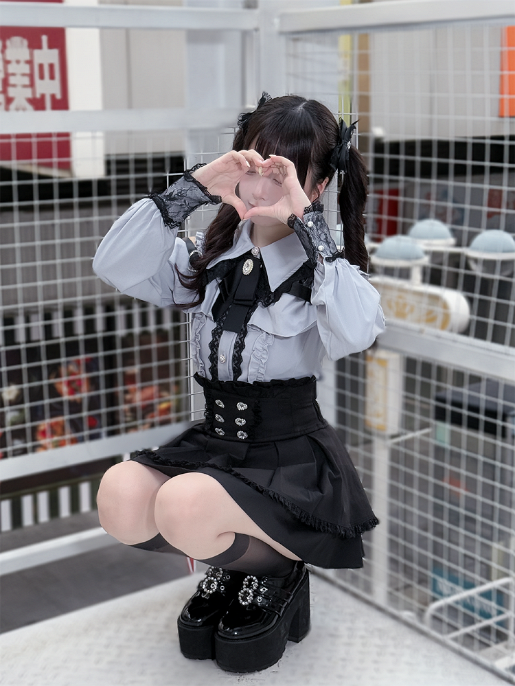 Long Blouse Sleeves Dusty Buttons Blue - Kei Sweetheart Jirai