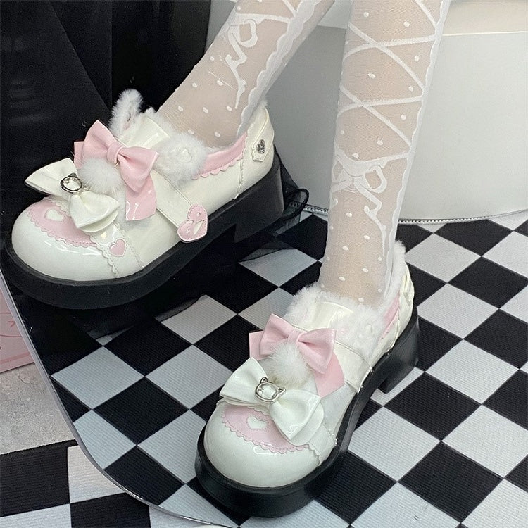 Platform Lolita Sweet with Pink and Bow Fleece-Lined Mid - Heels Details Accents White Heart
