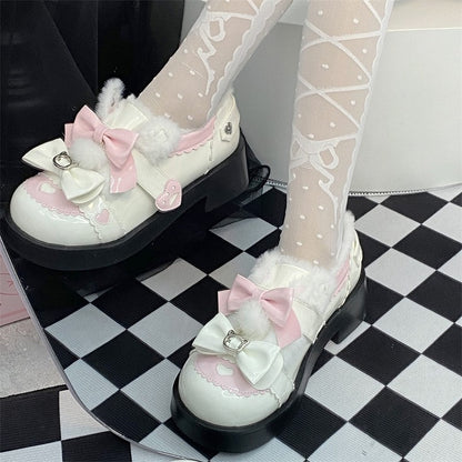 Platform Lolita Sweet with Pink and Bow Fleece-Lined Mid - Heels Details Accents White Heart