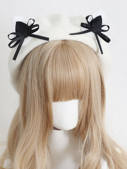 Colors Lolita Cute Off-white 11 Beret With Kitty Bowknot Ears