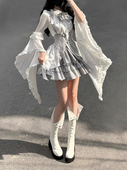 Grey Gothic Lolita Set Bell Sleeves Blouse with Corset Belt - Unknown Star