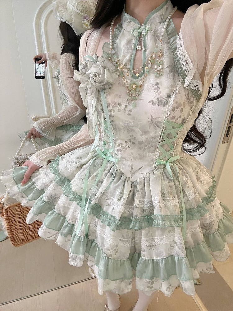 Lolita with Gentle Floral Green Halter Neck Dress Details Pattern Button Qipao-Style Lace