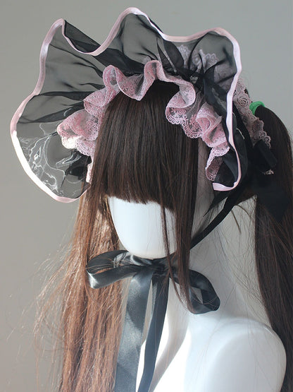 ブラックオーガンザレーストリムボンネット