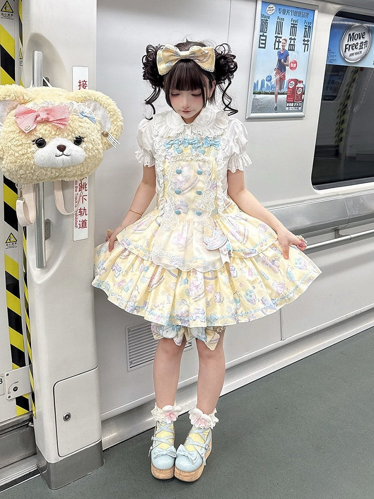 Charming Yellow Overall Gown with Bow Detail and Removable Apron Set - Vcastle