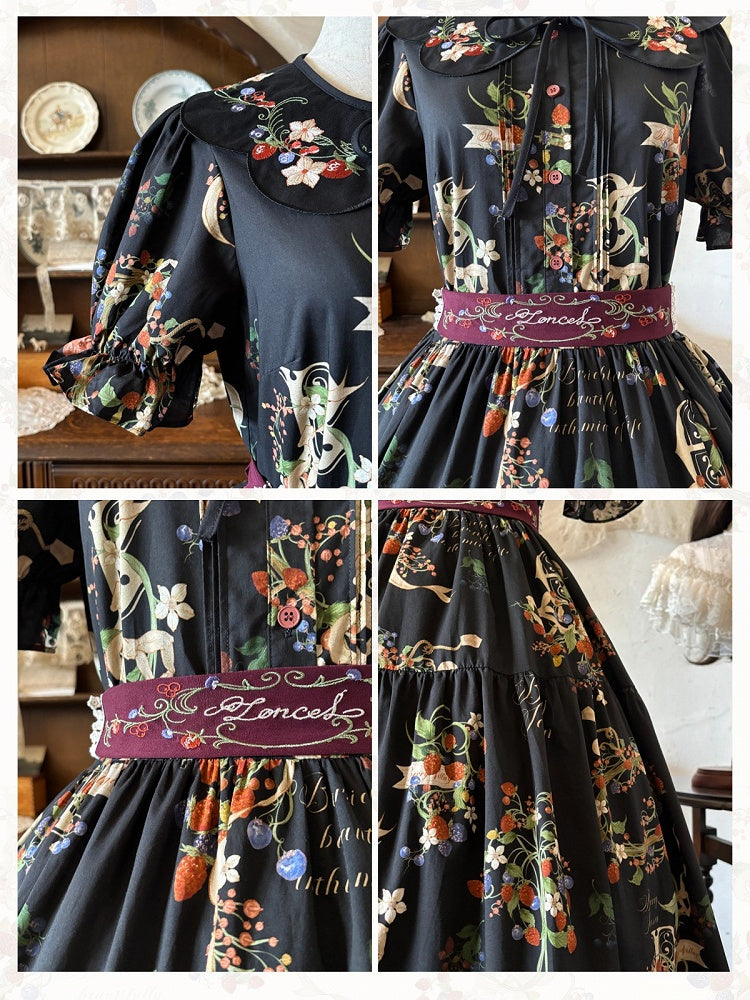 Black Floral Print Long Dress with Berry Embroidery and Lace - Zoncel