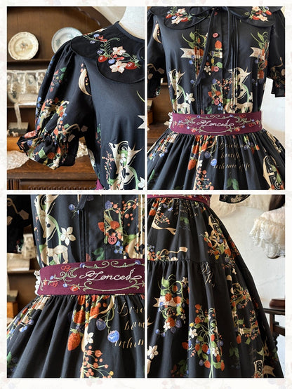 Black Floral Print Long Dress with Berry Embroidery and Lace - Zoncel