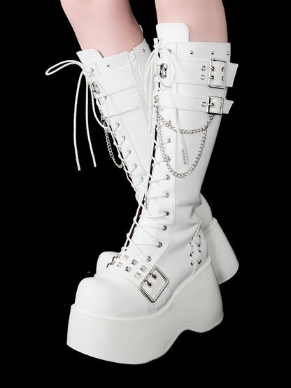 骨型メタルプレート マットホワイト パンク ウェッジ プラットフォーム ニーハイブーツ