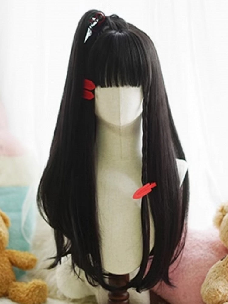 Schwarze lange glatte Perücke mit vollem Pony
