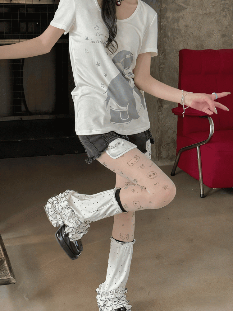 Layered Polka-dot Cuff White Ruffle Pattern Leg Warmers