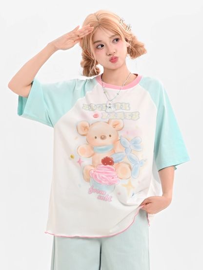 Loose Mint Blue Colorblock Design T-shirt Cute Bear Print