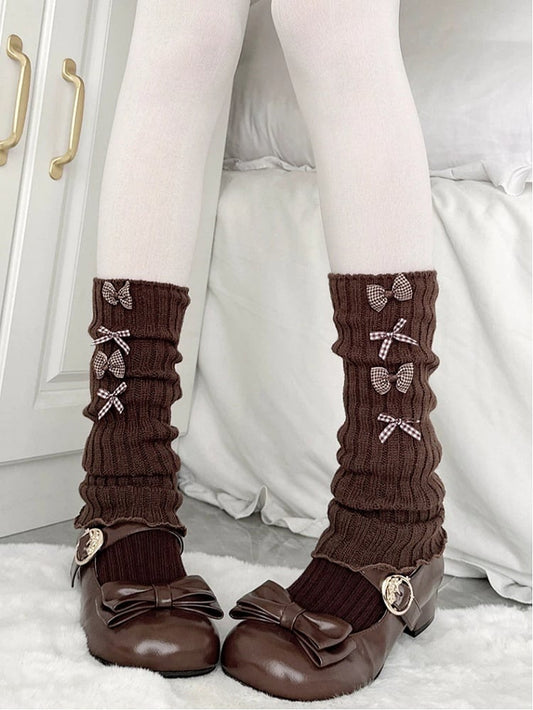 Coffee Ribbed Leg Warmers with Plaid Bow Accents - Sweet Lolita Kawaii Accessory