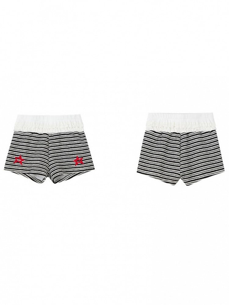 Black Shorts Ruffled Waist Embroidery Striped Red Star White with
