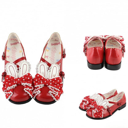 Ear Red Bunny Lolita Polka-dot Pattern Shoes at Crisscross Top Design Bow