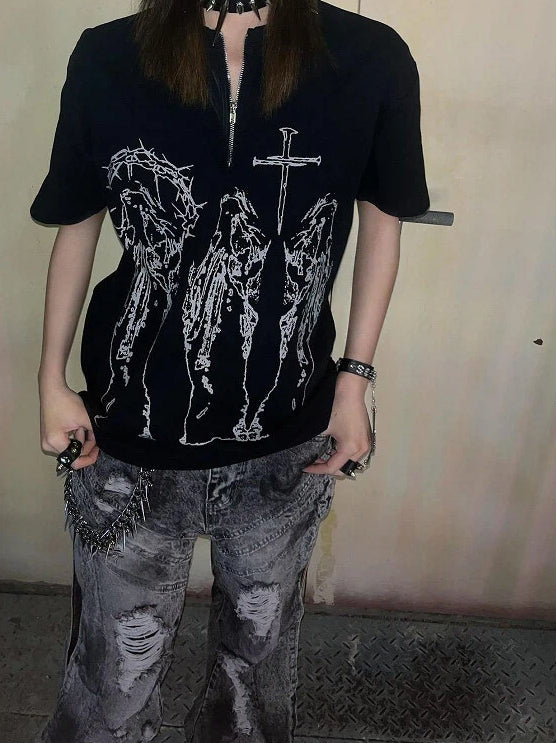 Alt Religious Fashion Black Figure with Print T-Shirt Cross
