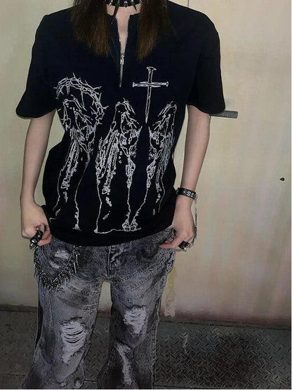 Alt Religious Fashion Black Figure with Print T-Shirt Cross