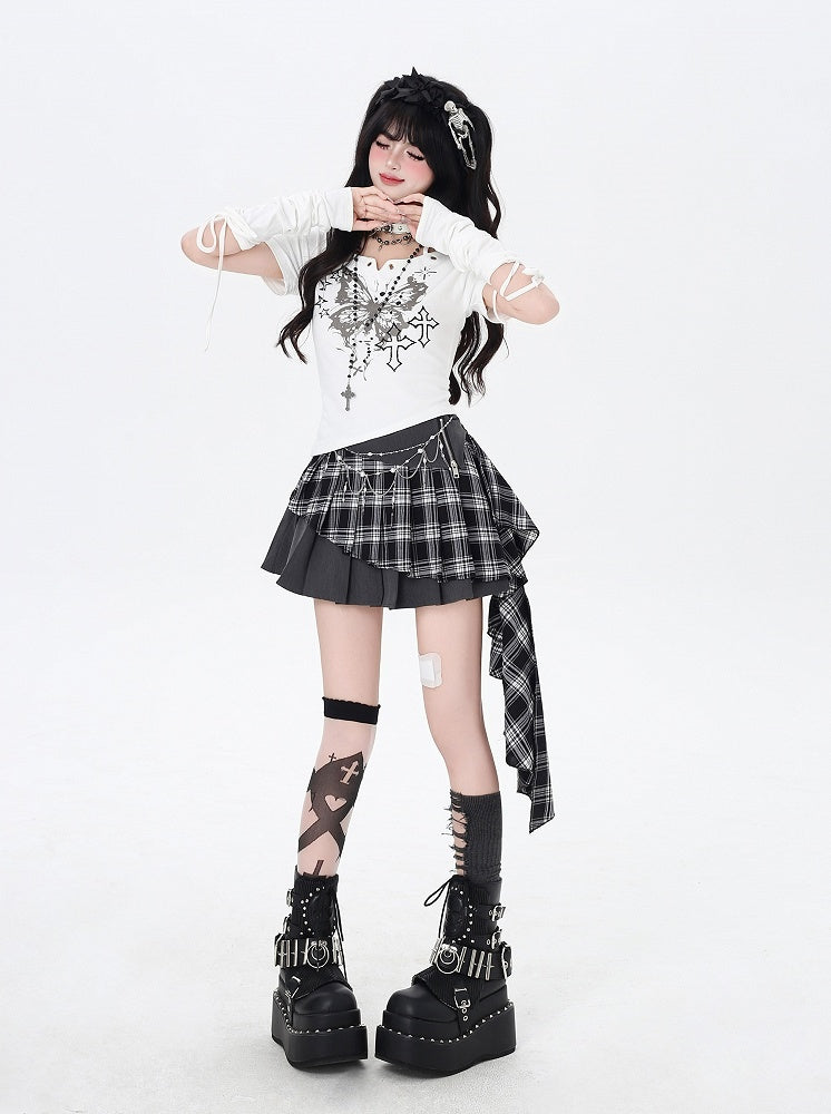 バタフライプリントホルターネックTシャツアームウェア（ブラック/ホワイト）