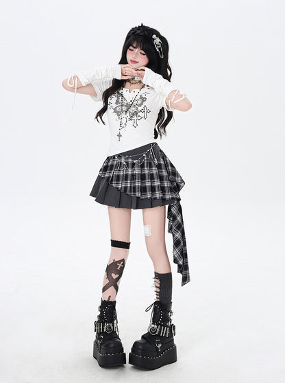 バタフライプリントホルターネックTシャツアームウェア（ブラック/ホワイト）