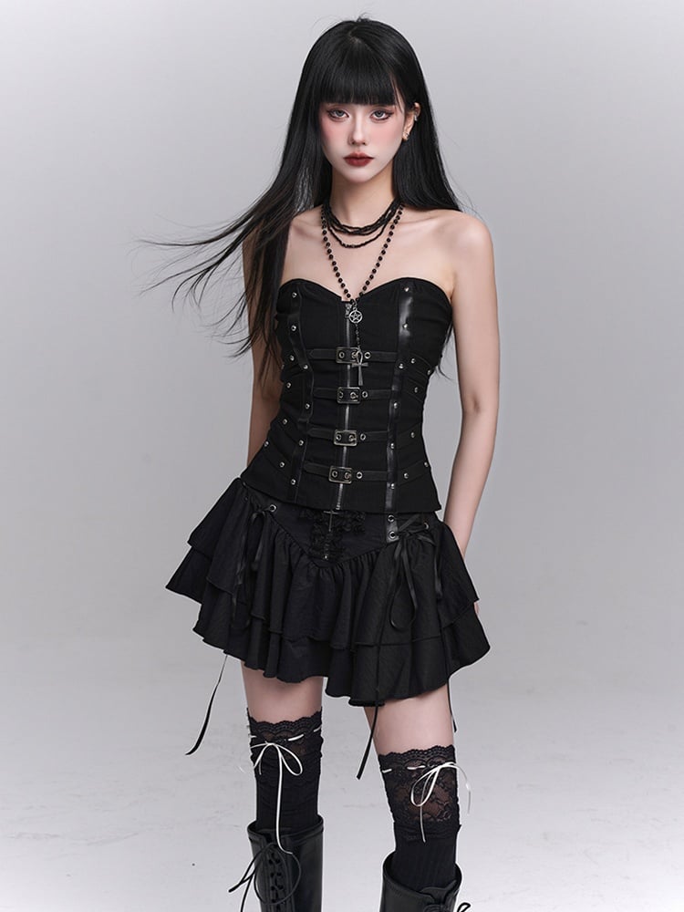 Zipper Placket Black Criss-Cross PU Front and Straps Buckles