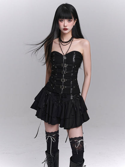 Zipper Placket Black Criss-Cross PU Front and Straps Buckles