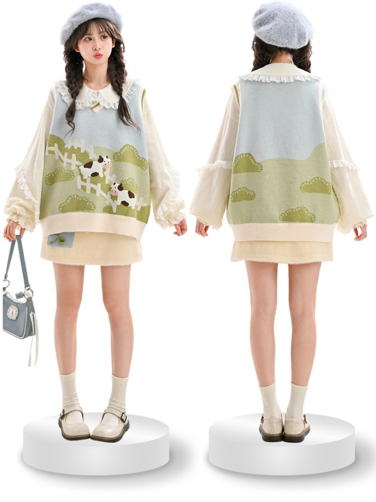 グリーン牧草地牛柄ニットベスト