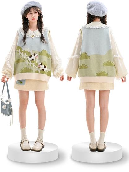 グリーン牧草地牛柄ニットベスト