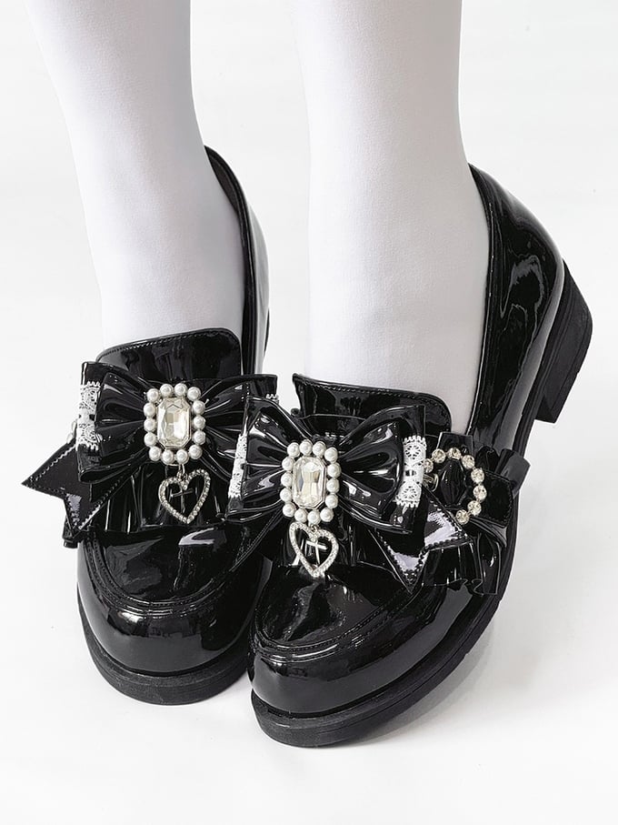 Jirai Detachable Polished Loafers Rhinestone - with Trim Design Black Slip-On Kei Beads And Decor Bow Ruffle